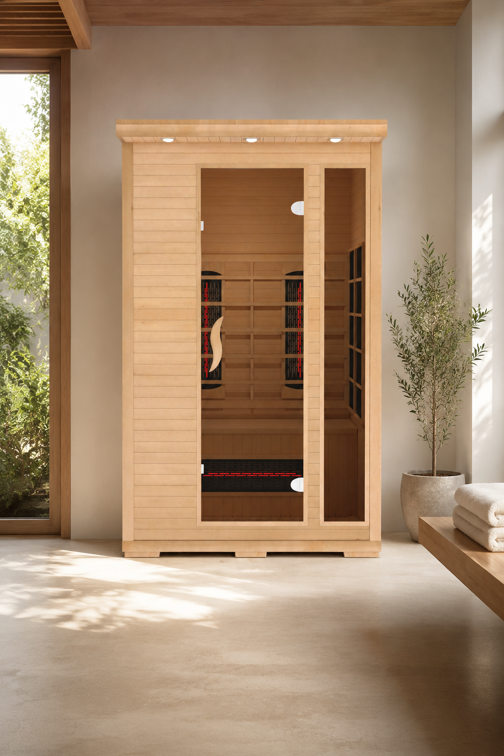 Twin Haven Luxe 2-person infrared sauna with outdoor garden view