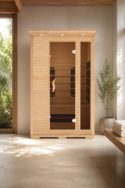 Twin Haven Luxe 2-person infrared sauna with outdoor garden view