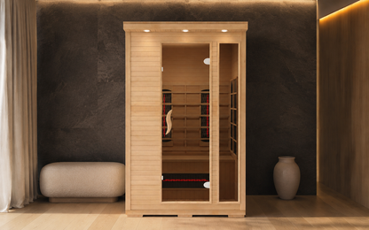 Twin Haven Luxe 2-person infrared sauna in dark stone spa room